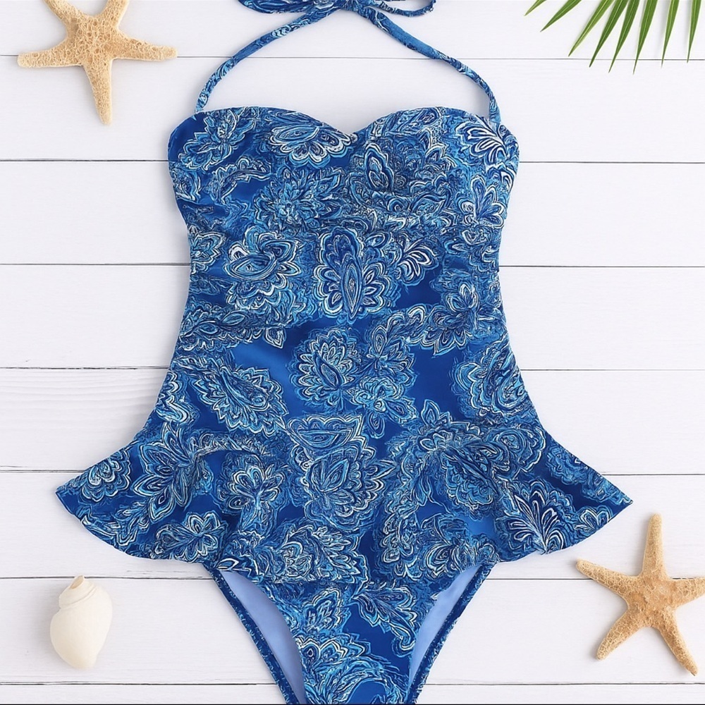 Lauren Ralph Lauren Blue Multi Paisley One Piece Skirted Bathing Suit Swim NWT